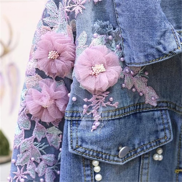 🎀NEW 🎀SALE..3D Women's Denim Embroidery Floral Pearl Ripped Jacket - Picture 7 of 7